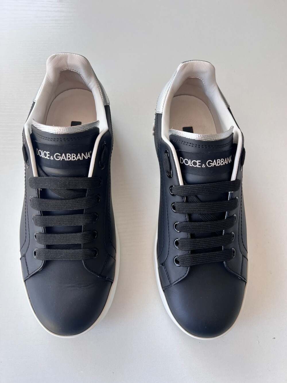 Dolce & Gabbana Portofino Black Leather Sneakers with Silver Heel Tab
